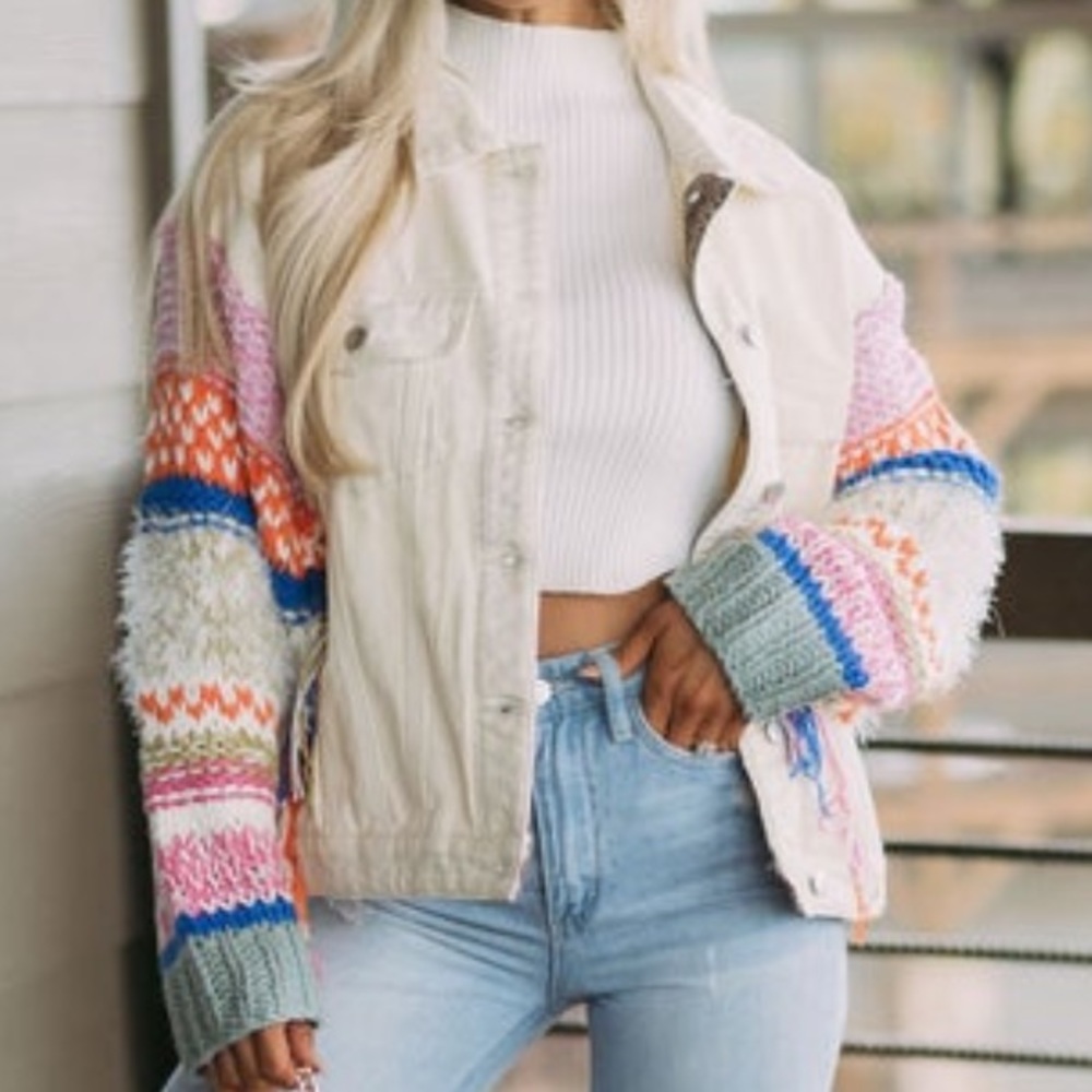 Cream jean jacket with statement sleeves